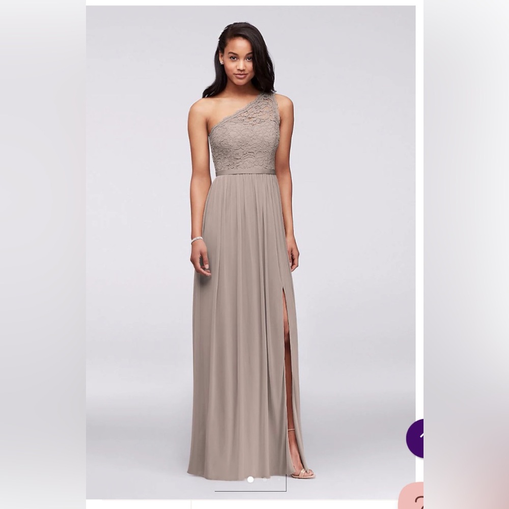 David's Bridal Long One Shoulder Lace Bridesmaid Dress F17063 Biscotti 
Bodice